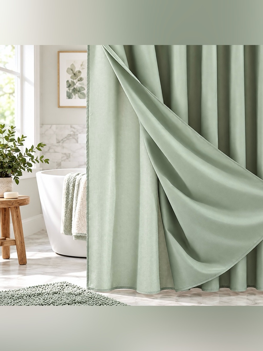 Dainty Home SPA 251 Waffle Shower Curtain + Detachable Liner Green